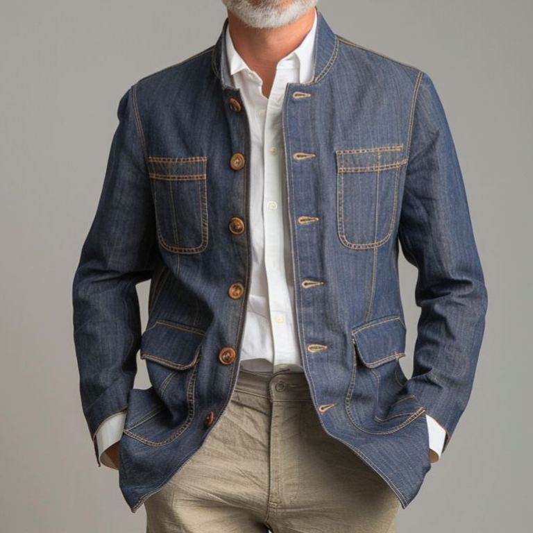 Men's Stand Collar Pockets Retro Denim Jacket