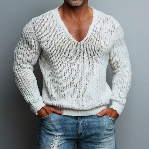 Men's Regular Fit Hollow-Out Knit V-Neck Long Sleeve Sweater