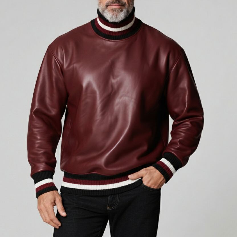 Men's Burgundy PU Leather Contrast Striped Knit Patchwork High Neck Long Sleeve Sweatshirt