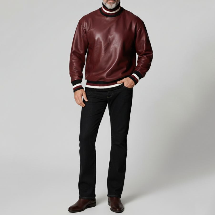 Men's Burgundy PU Leather Contrast Striped Knit Patchwork High Neck Long Sleeve Sweatshirt