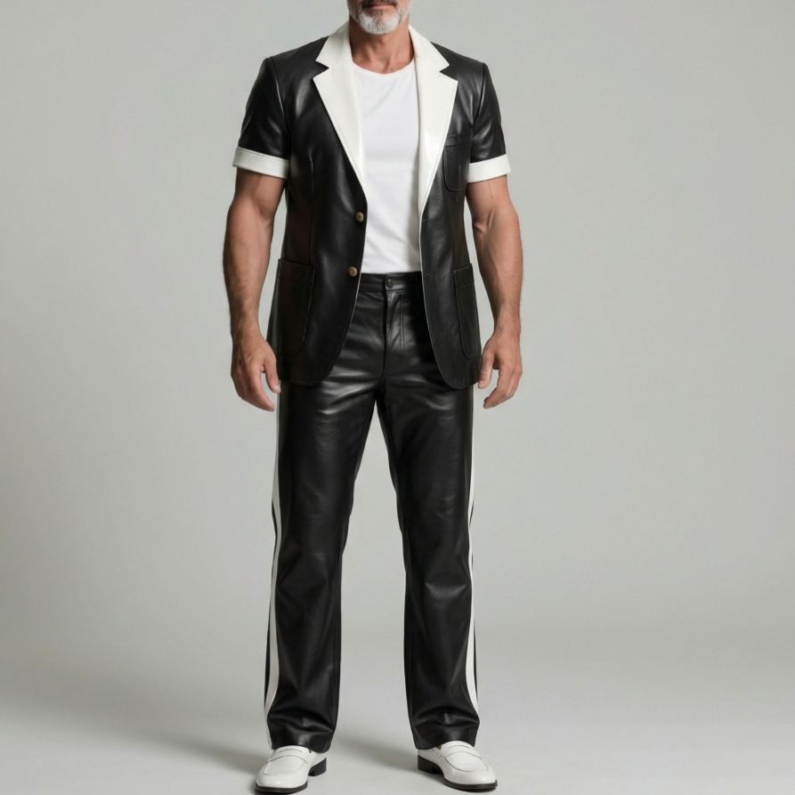 Men's Regular Fit PU Leather Contrast Stripe Straight Leg Pants