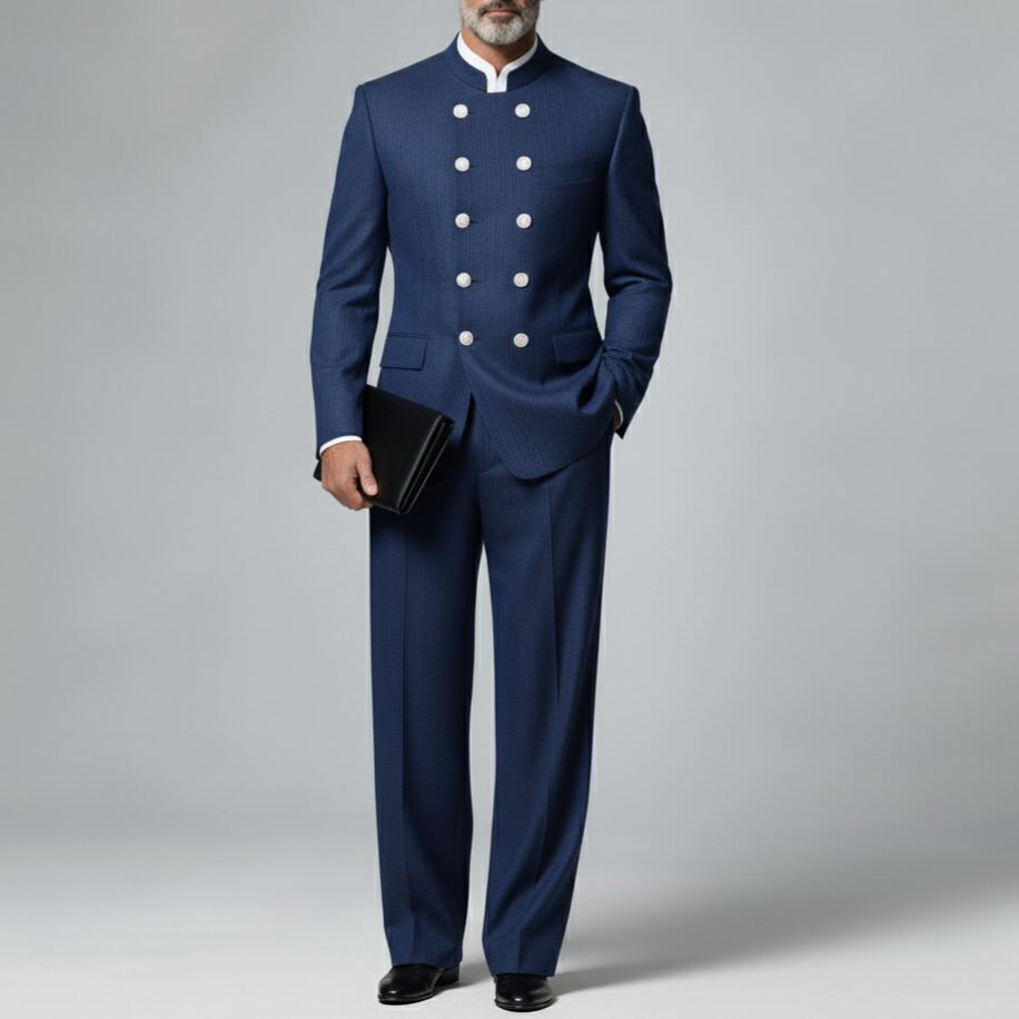 Men's Business Navy Blue Mandarin Collar Long Sleeve Double Breasted Blzer & Pocket Pants 2Pcs Set