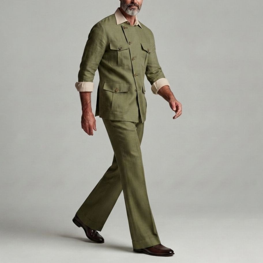 Men's Army Green Multi-Pocket Asymmetric Single Breasted Jacket & Pants 2Pcs Set