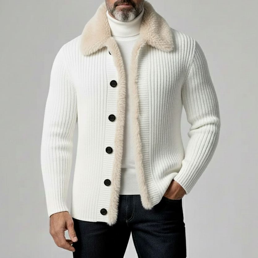 Men's Regular Fit Plush Trim Ribbed Knit Long Sleeve Cardigan