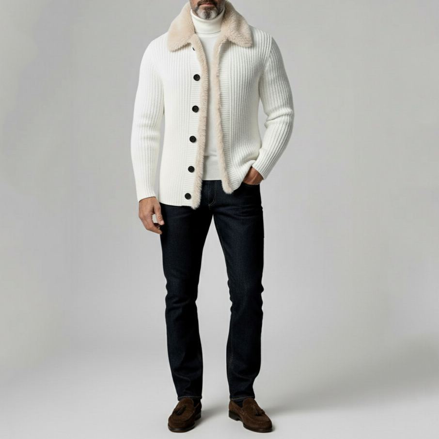 Men's Regular Fit Plush Trim Ribbed Knit Long Sleeve Cardigan