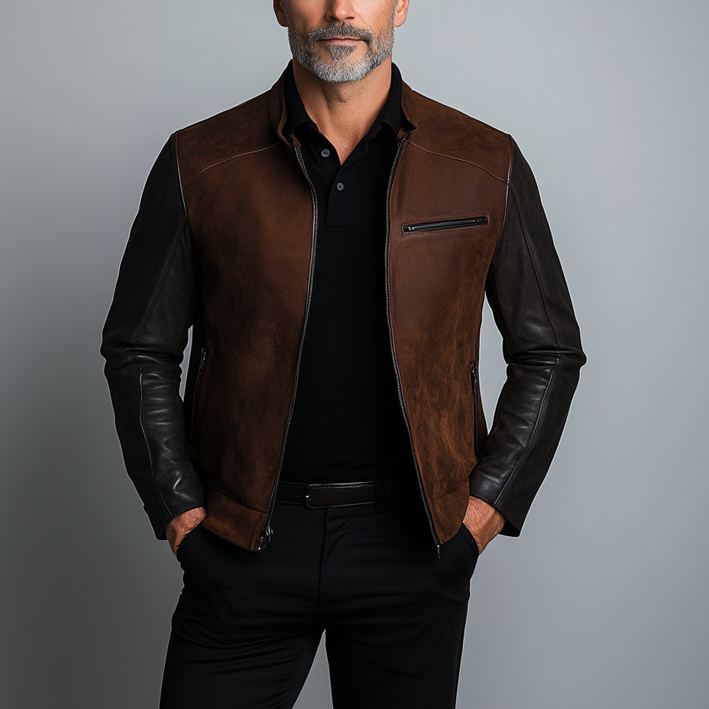 Men's Suede Patchwork PU Leather Stand Collar Zipper Jacket