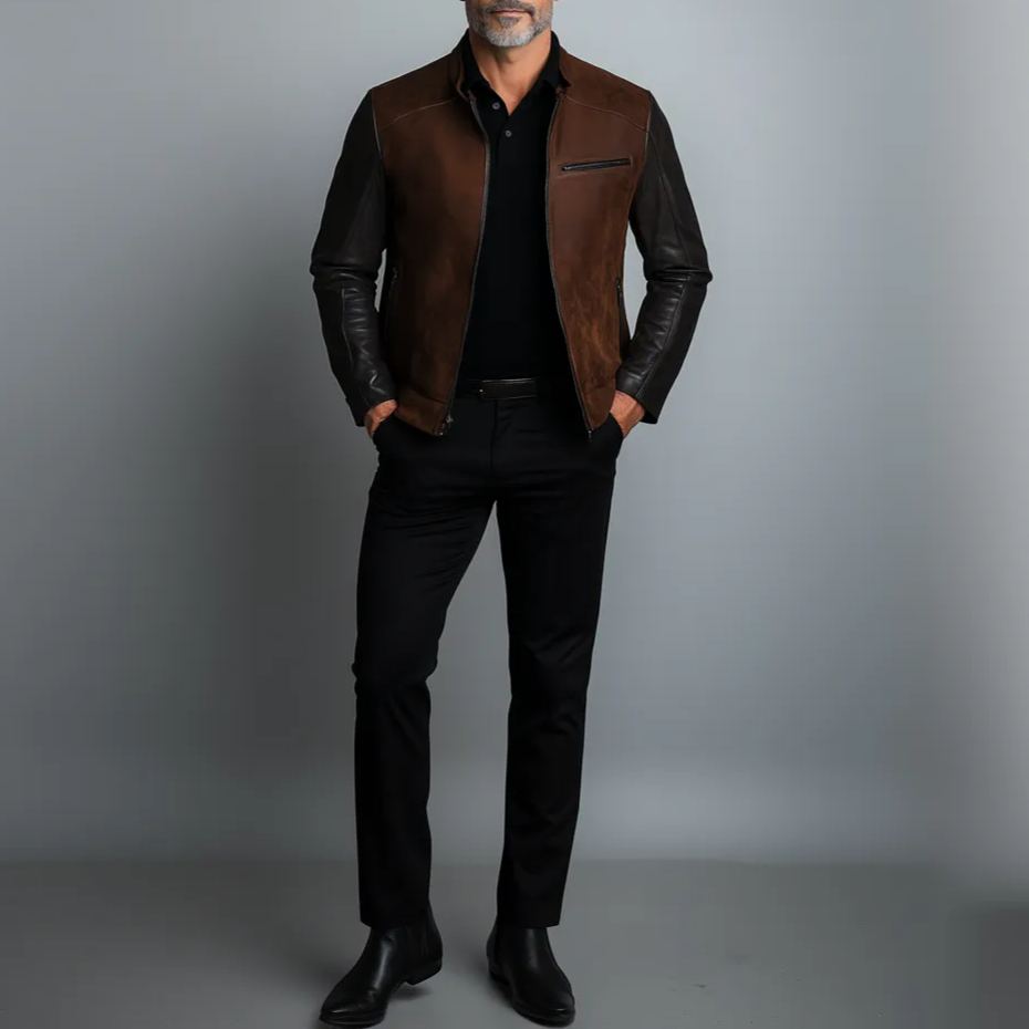 Men's Suede Patchwork PU Leather Stand Collar Zipper Jacket