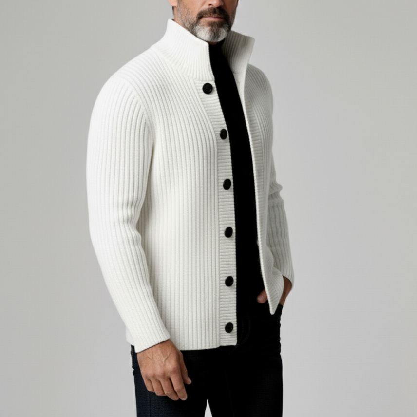 Men's White Stand Collar Long Sleeve Button Ribbed Knit Sweater Jacket
