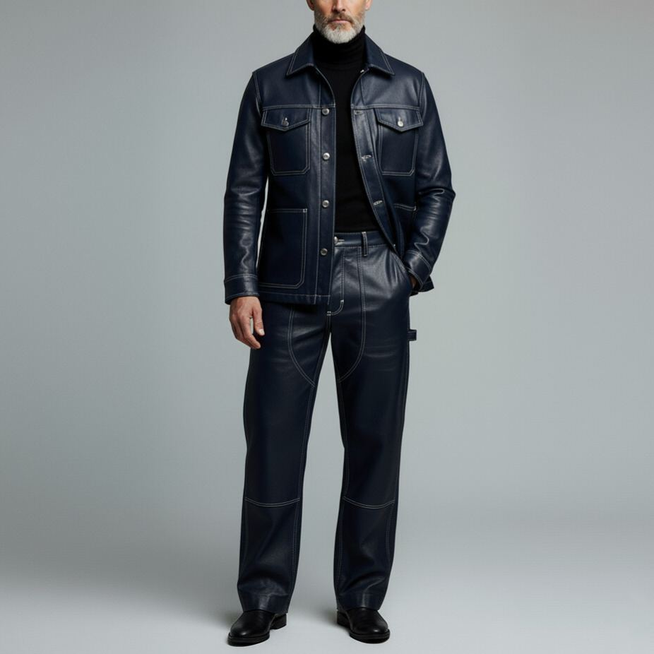 Men's Navy Blue PU Leather Contrast Stitched Straight Leg Pants