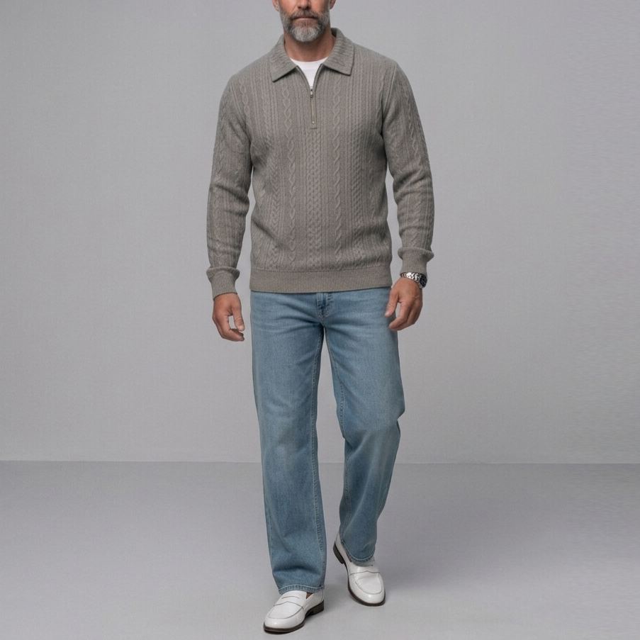 Men's Casual Soild Color Cable Knit Quarter Zip Slim Long Sleeve Polo Shirt