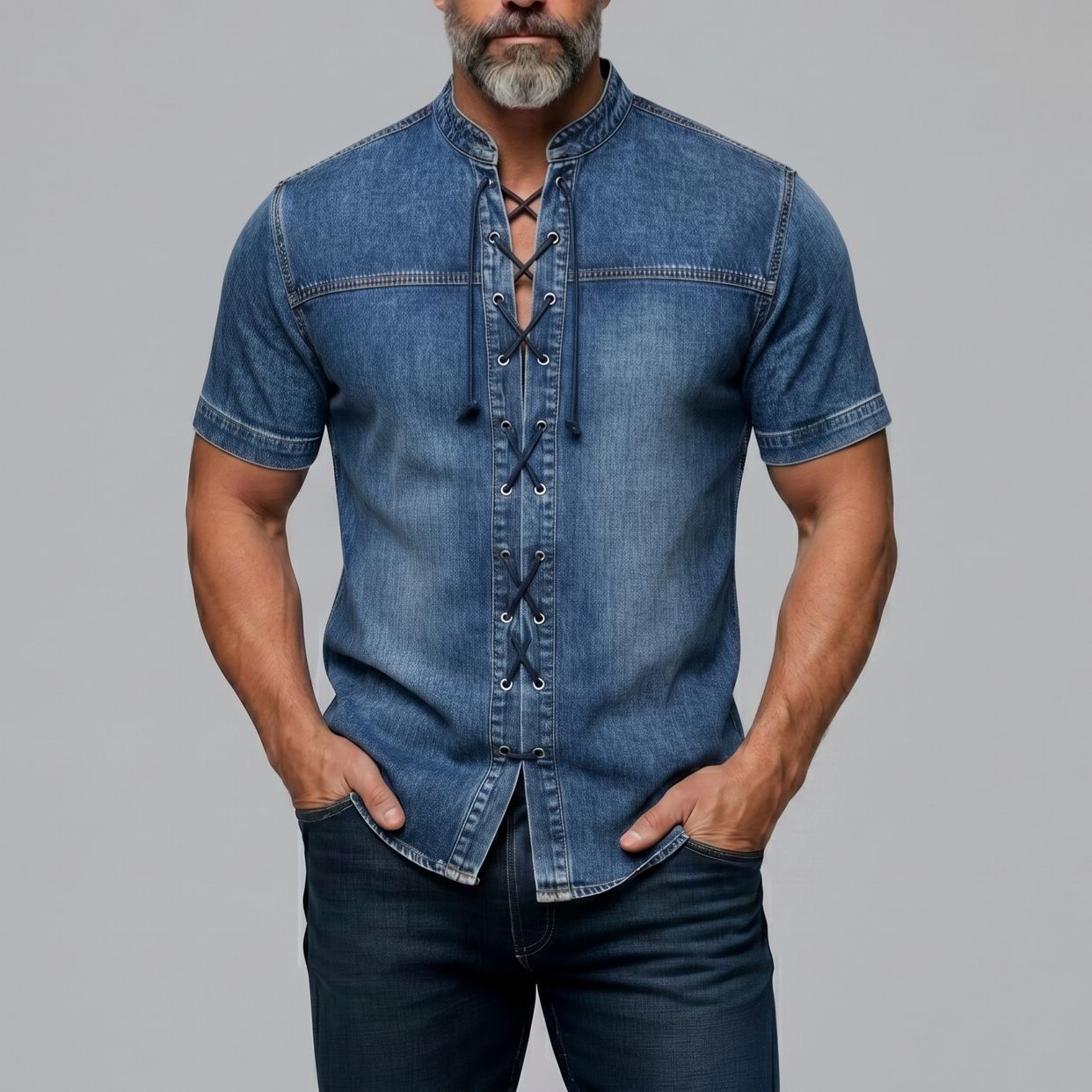 Men's Blue Stand Collar Eyelet Lace-Up Slim Fit Short Sleeve Shirt