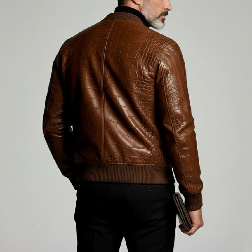 Men's Fashion Crocodile Pattern PU Leather Brown V Neck Long Sleeve Jackets