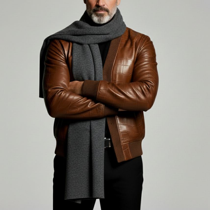Men's Fashion Crocodile Pattern PU Leather Brown V Neck Long Sleeve Jackets