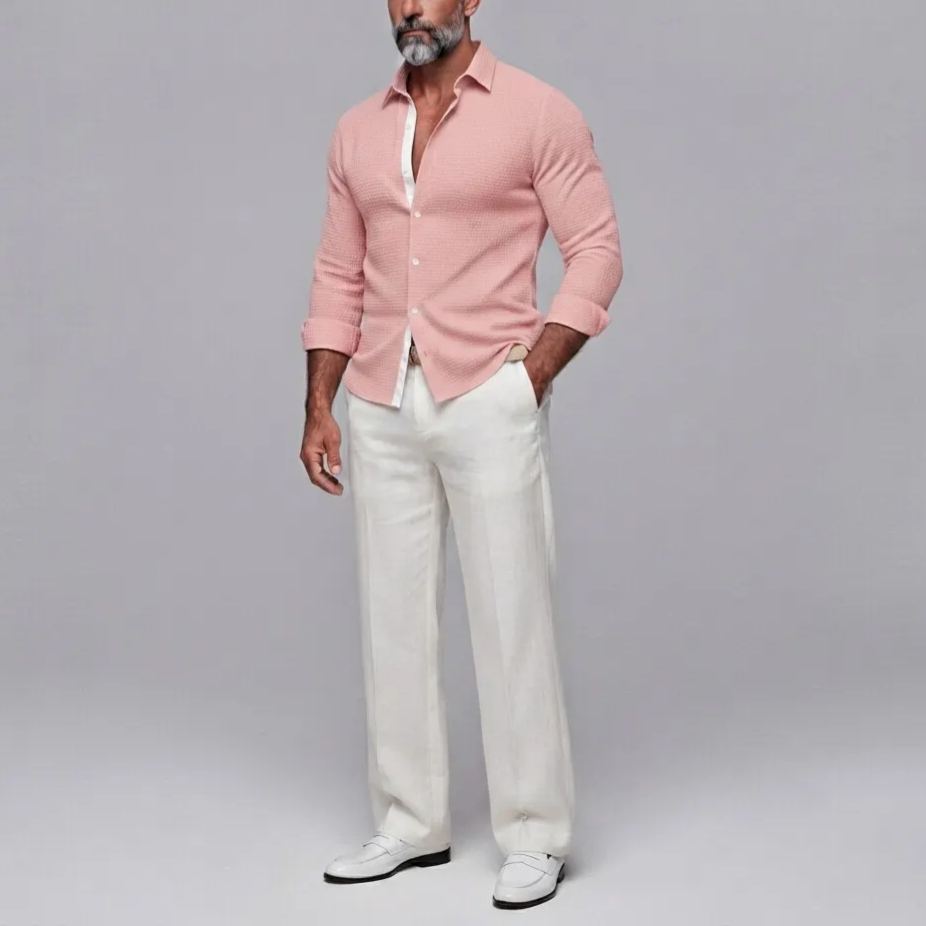 Men's Classic Solid Color Waffle Texture Single Breasted Casual Long Sleeve Shirt