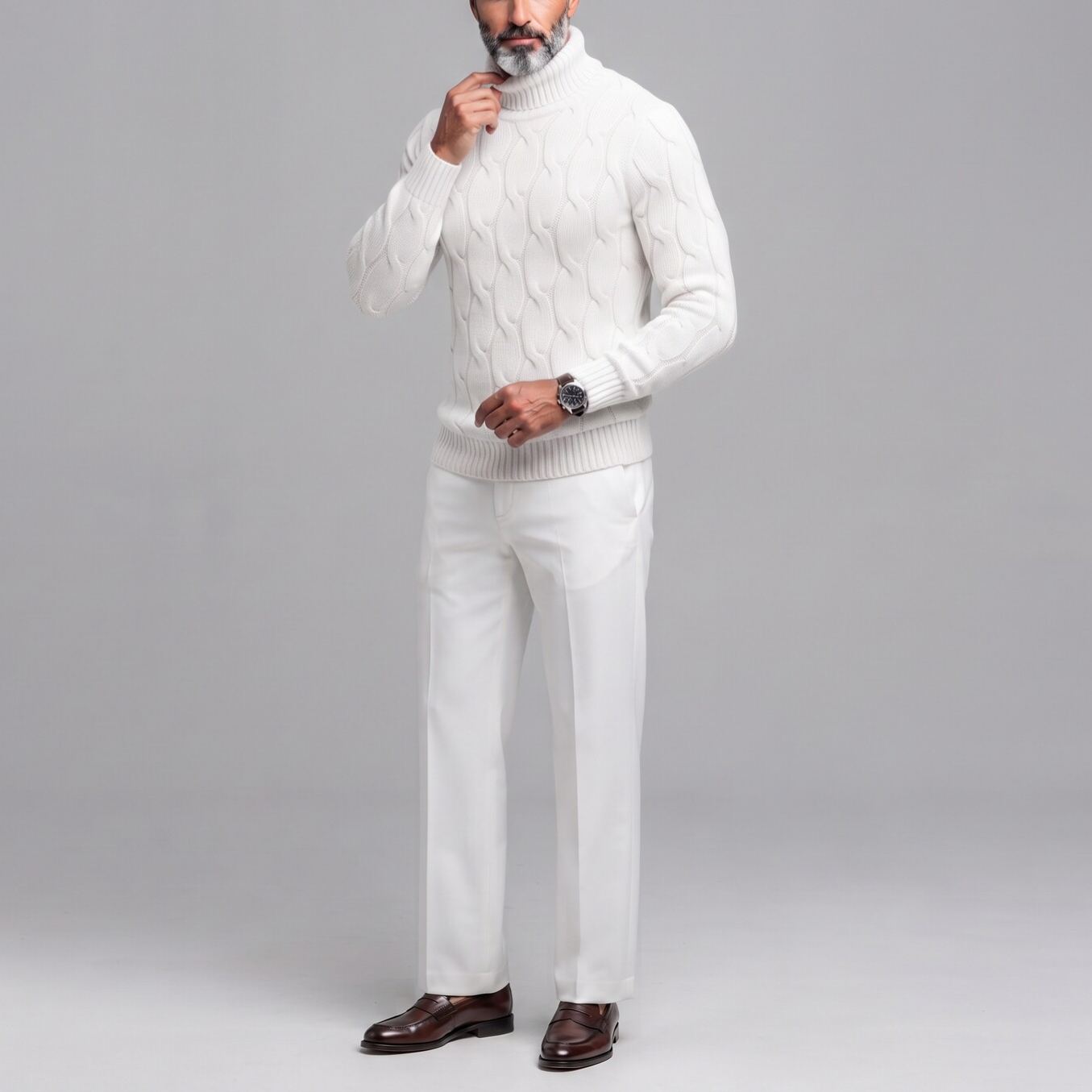 Men's Navy Blue Ribbed Turtleneck Long Sleeve Cable Knit Slim Fit Pullover Sweater