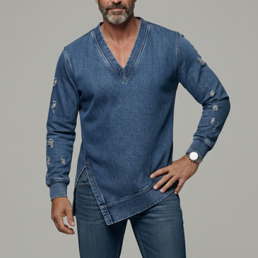 Men's Casual Slit Hem V Neck Ripped Long Sleeve Denim Sweatshirt