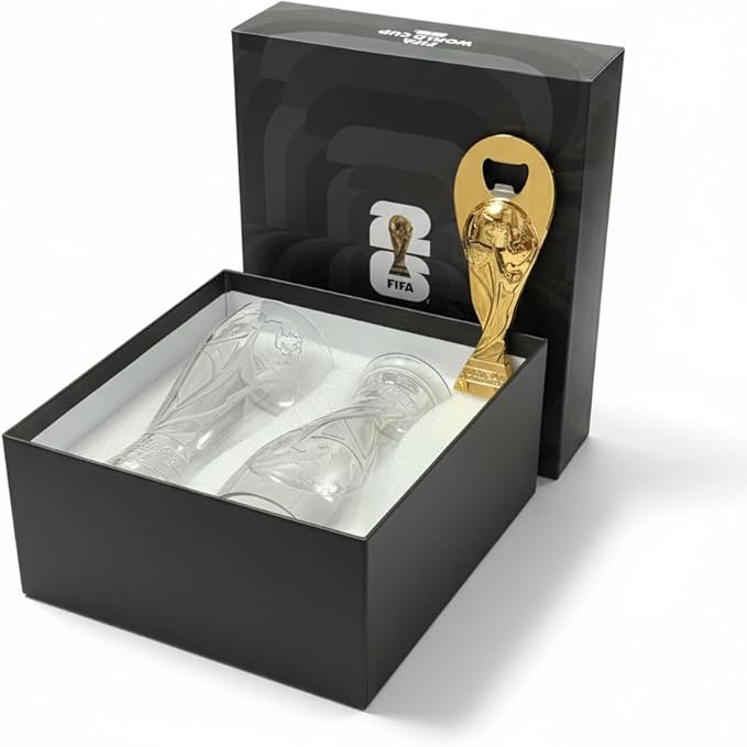 2026 FIFA World Cup Official Commemorative Edition — 17 oz. Shatterproof Trophy-Shaped Pilsner Glass & Bottle Opener Gift Set