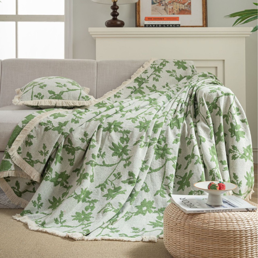 Vintage American Floral Sofa Throw Blanket with Tassel Fringe – Multifunctional Couch Cover for Living Room Decor
