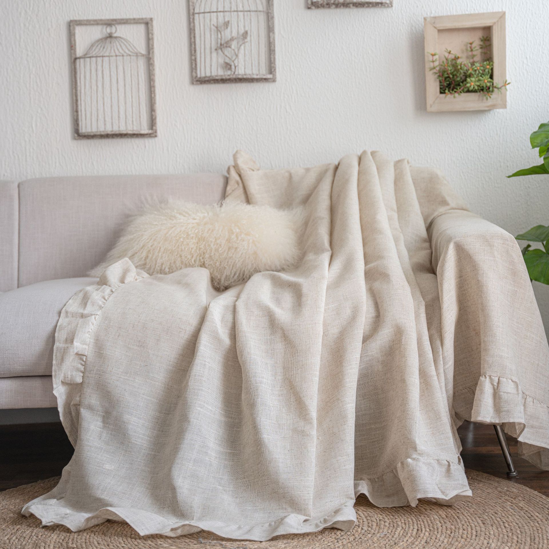 Vintage Farmhouse Ruffle Sofa Cover Throw