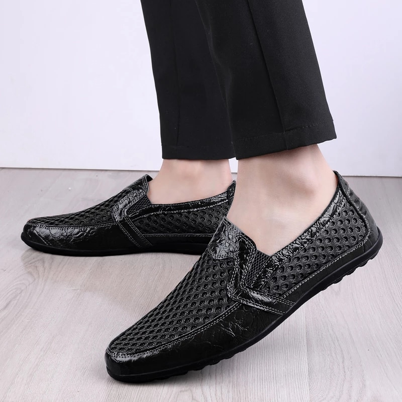 Men's Breathable Mesh & Leather Loafers | Casual Slip-On Summer Driving Shoes