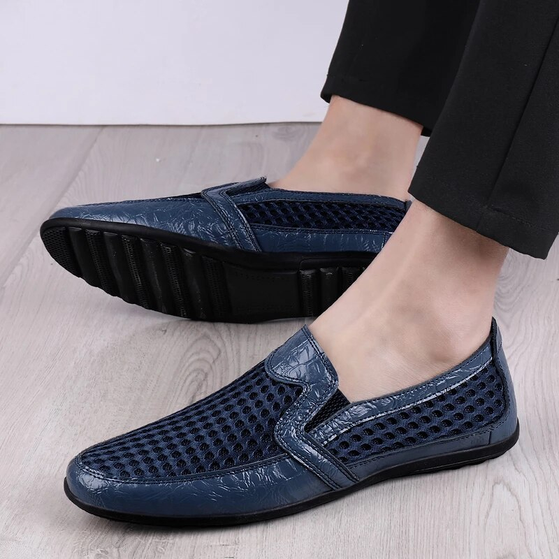 Men's Breathable Mesh & Leather Loafers | Casual Slip-On Summer Driving Shoes