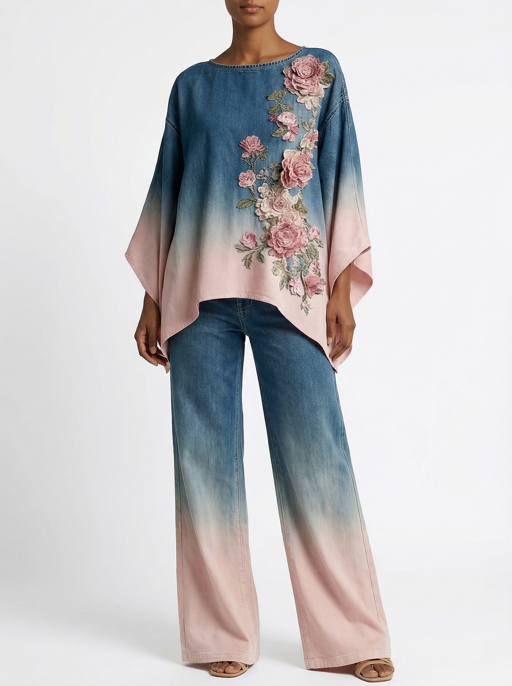 Women's Boho Gradient Floral Two-Piece Set – Loose Top & Wide-Leg Pants, Casual Vacation Outfit