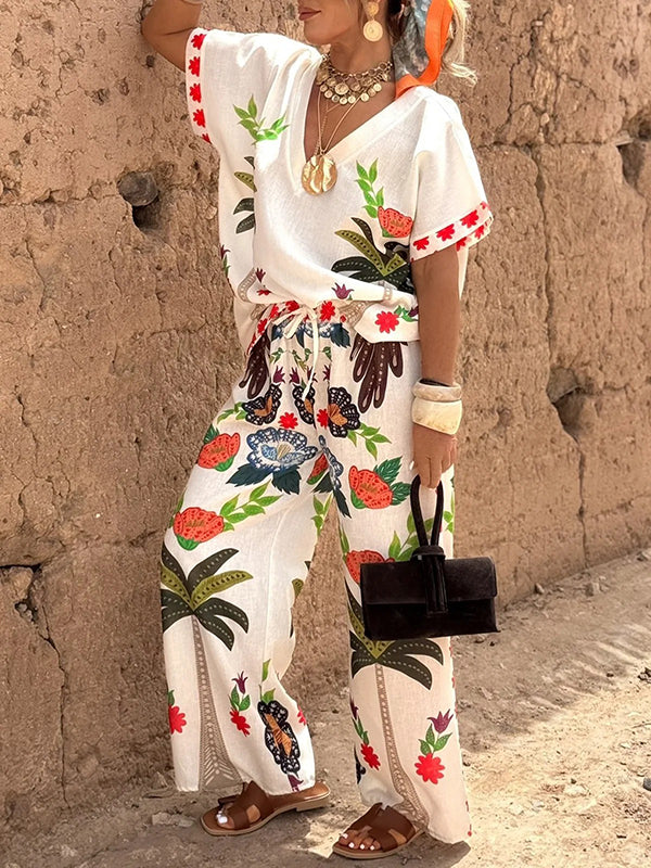 Floral Linen 2-Piece Set – Relaxed Button-Up Shirt & High-Waisted Wide-Leg Pants