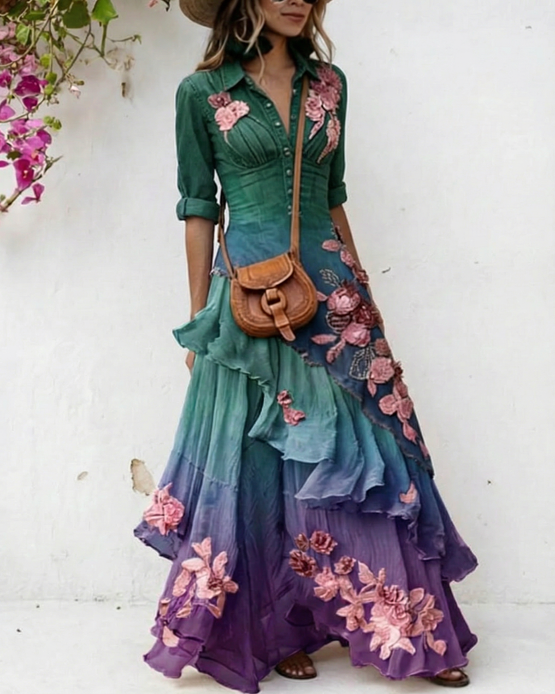 Women's Elegant Flowers Embroidery Irregular Ruffle Linen Patchwork Dress 4734