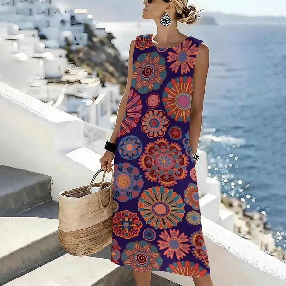 Women's Midi Dress Shift Dress Sundress A Line Dress Vacation Casual Boho Beach Going out Regular Fit Graphic Geometric Sleeveless Crewneck Purple Gray Summer Spring