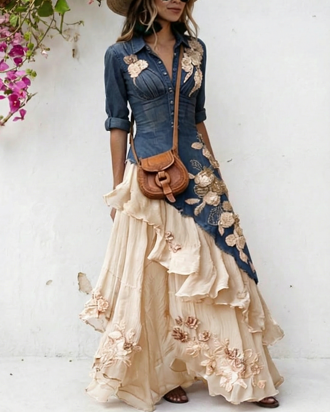 Women's Elegant Flowers Embroidery Irregular Ruffle Linen Patchwork Dress 4734