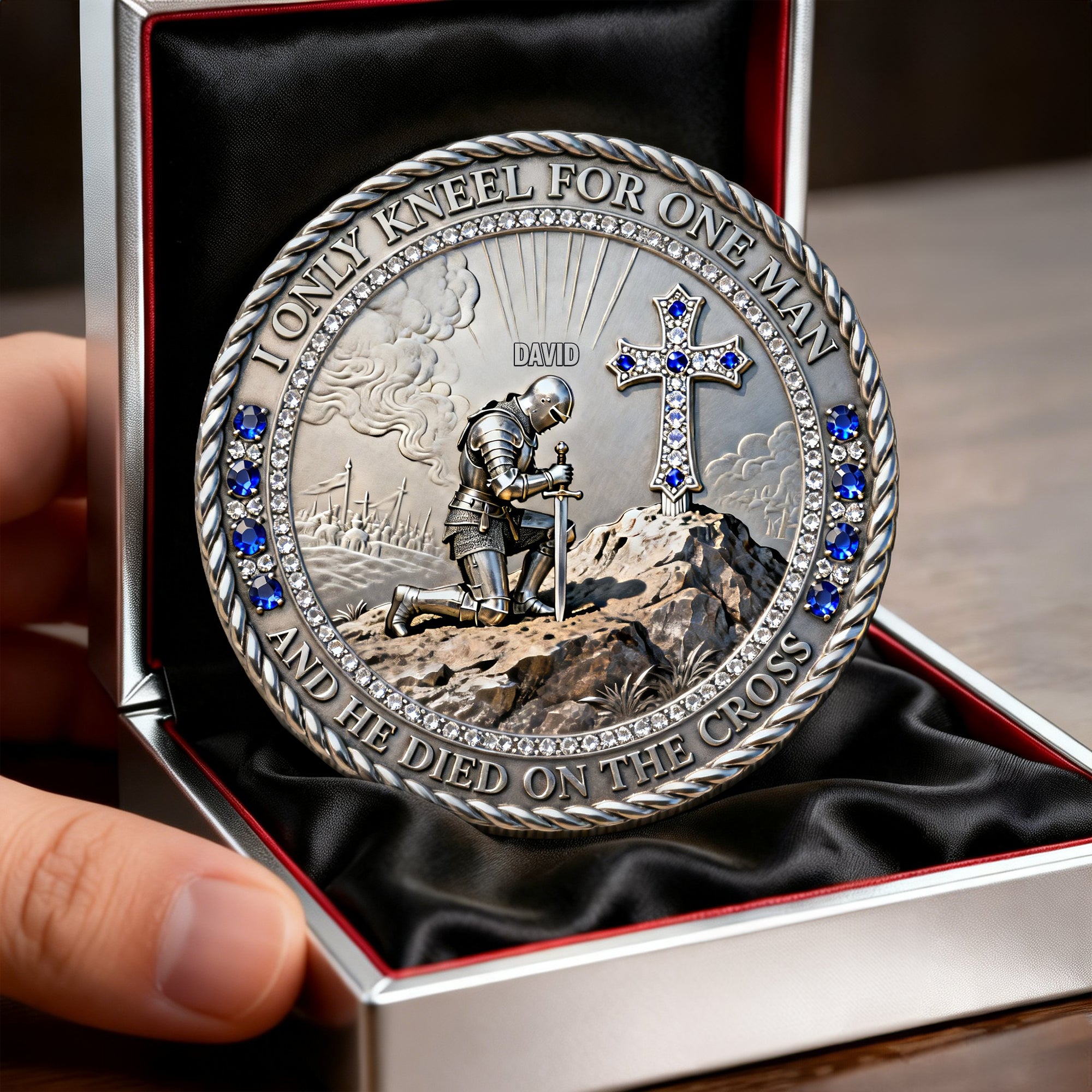 Knight Templar Kneeling Before A Cross Printed Metal Coin - Personalized Gifts For Christians 