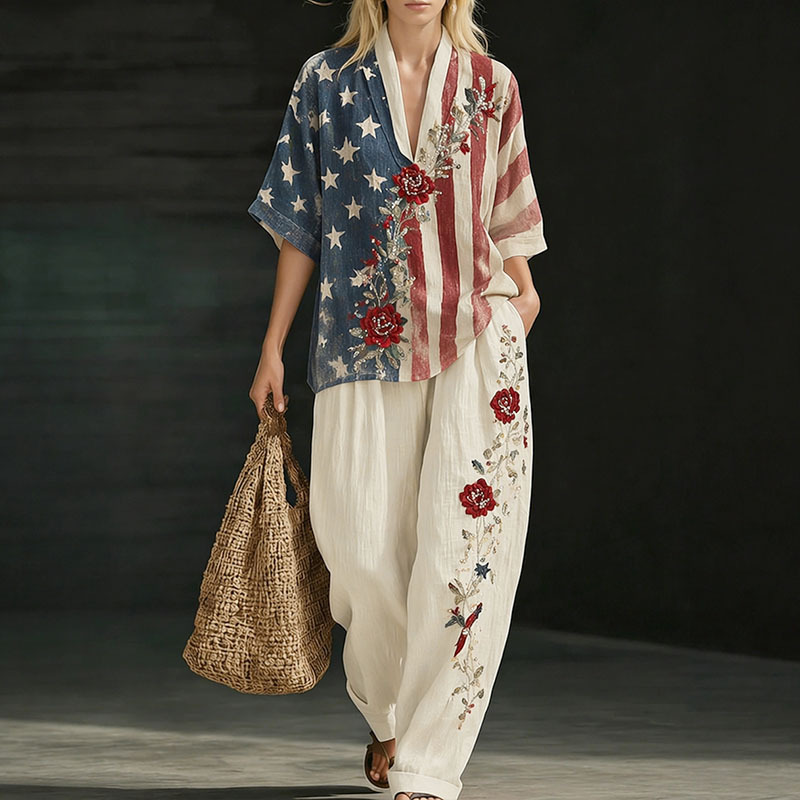 Women’s Vintage American Flag Rose Two-Piece Set