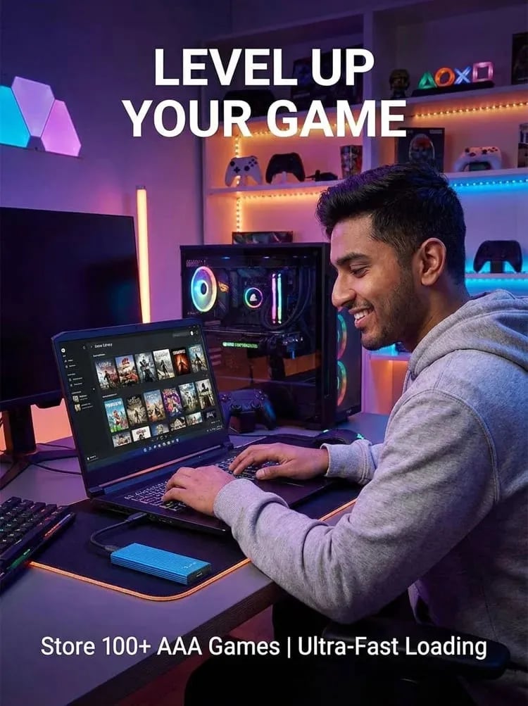 Seller graphic showing portable storage used with a gaming computer