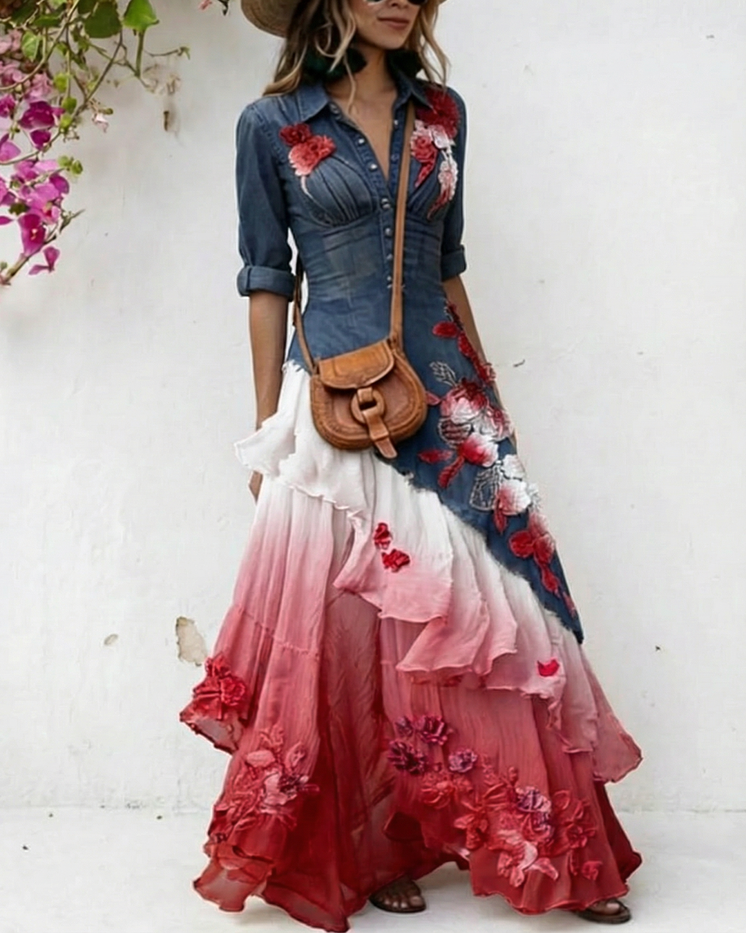 Women's Elegant Flowers Embroidery Irregular Ruffle Linen Patchwork Dress 4734