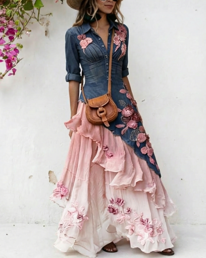 Women's Elegant Flowers Embroidery Irregular Ruffle Linen Patchwork Dress 4734
