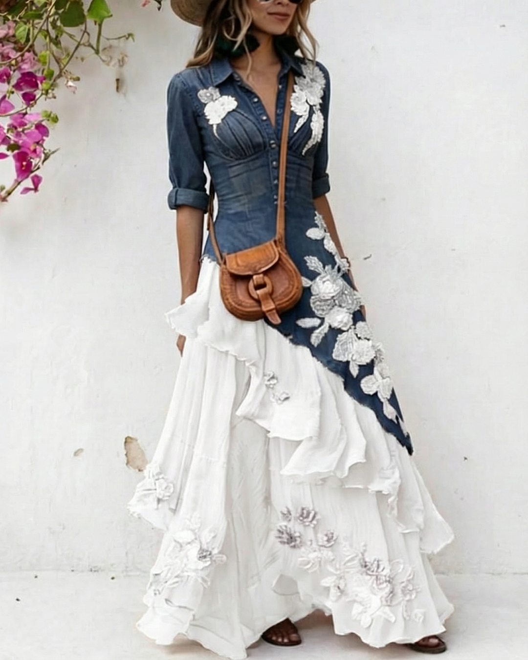 Women's Elegant Flowers Embroidery Irregular Ruffle Linen Patchwork Dress 4734