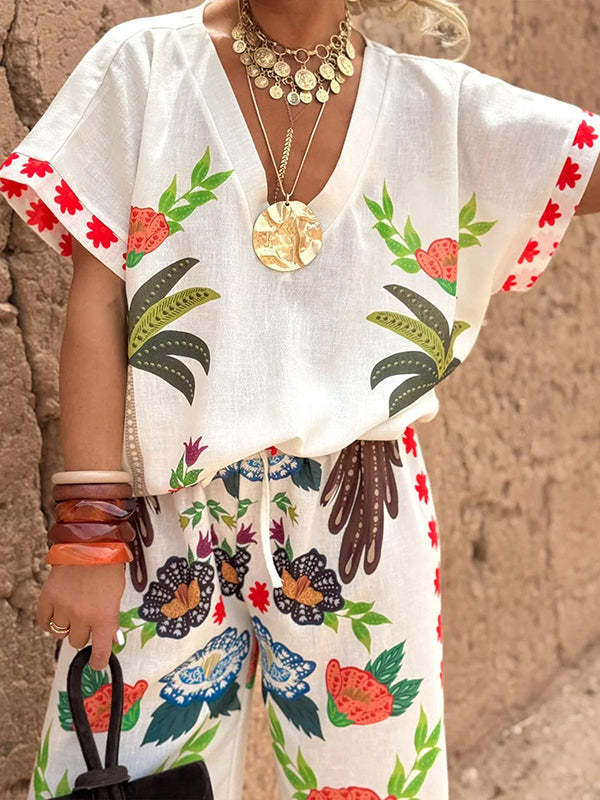 Floral Linen 2-Piece Set – Relaxed Button-Up Shirt & High-Waisted Wide-Leg Pants