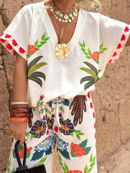 Floral Linen 2-Piece Set – Relaxed Button-Up Shirt & High-Waisted Wide-Leg Pants