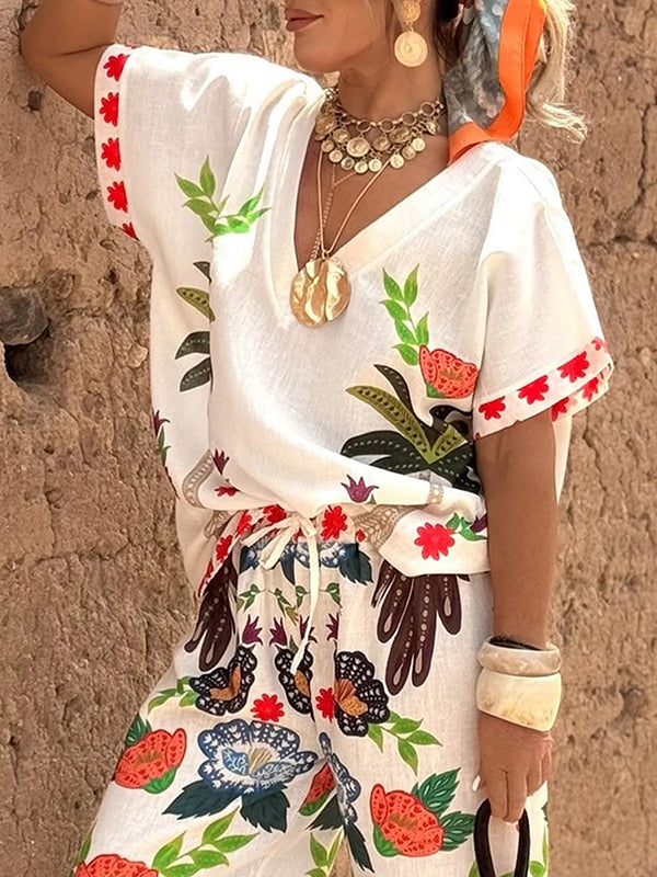 Floral Linen 2-Piece Set – Relaxed Button-Up Shirt & High-Waisted Wide-Leg Pants