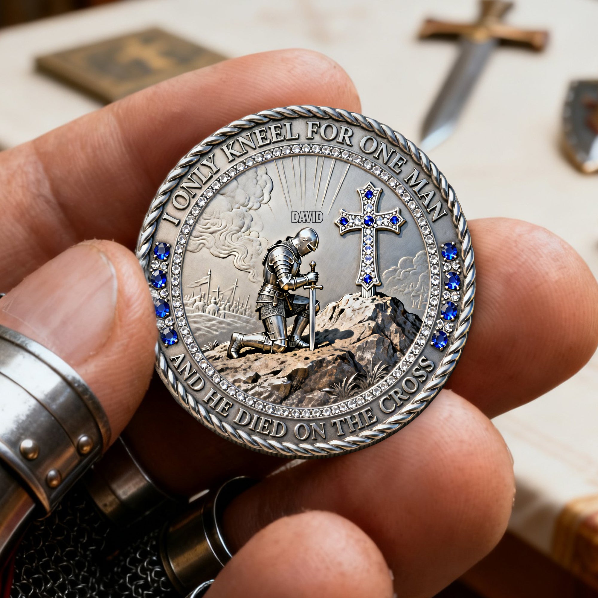 Knight Templar Kneeling Before A Cross Printed Metal Coin - Personalized Gifts For Christians 