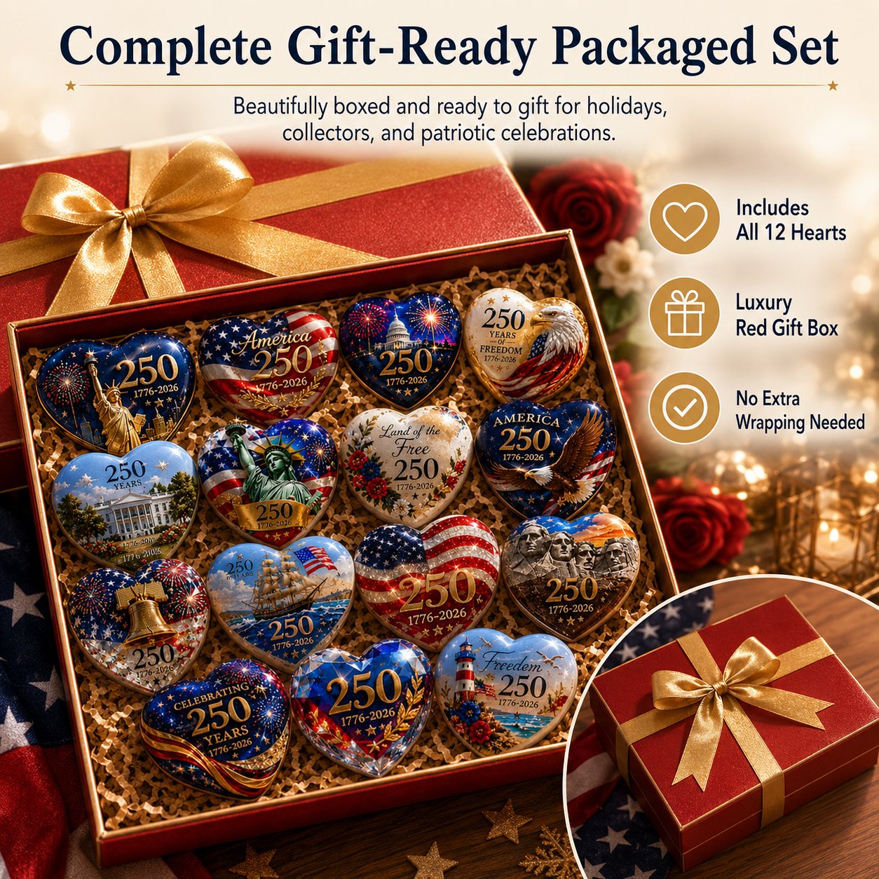 🇺🇸 America 250th Anniversary Commemorative Heart Ornament Collection | 15-Piece Patriotic Keepsake Set