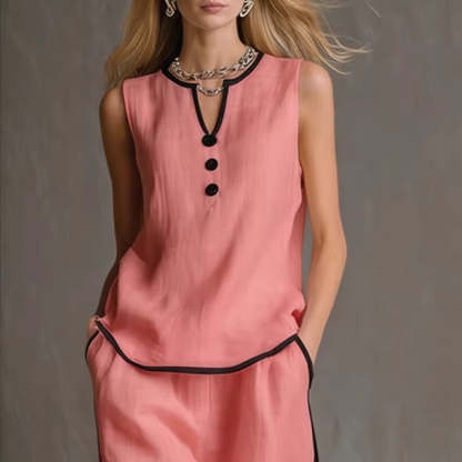 Sleeveless V-Neck Black Trim Contrast Color Simple Womens Top And Wide-Leg Pants Set