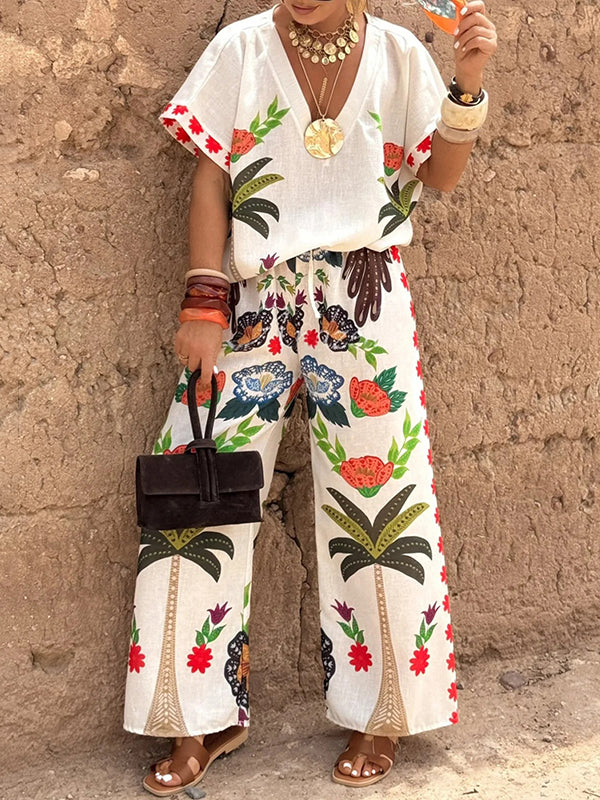Floral Linen 2-Piece Set – Relaxed Button-Up Shirt & High-Waisted Wide-Leg Pants
