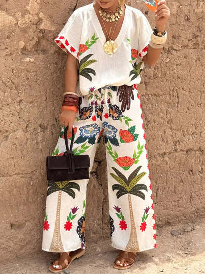 Floral Linen 2-Piece Set – Relaxed Button-Up Shirt & High-Waisted Wide-Leg Pants