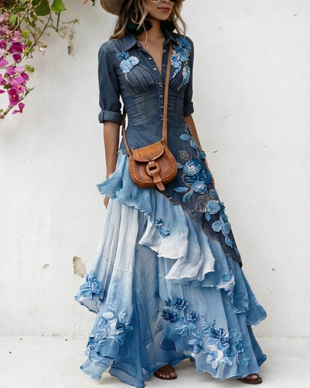 Women's Elegant Flowers Embroidery Irregular Ruffle Linen Patchwork Dress 4734