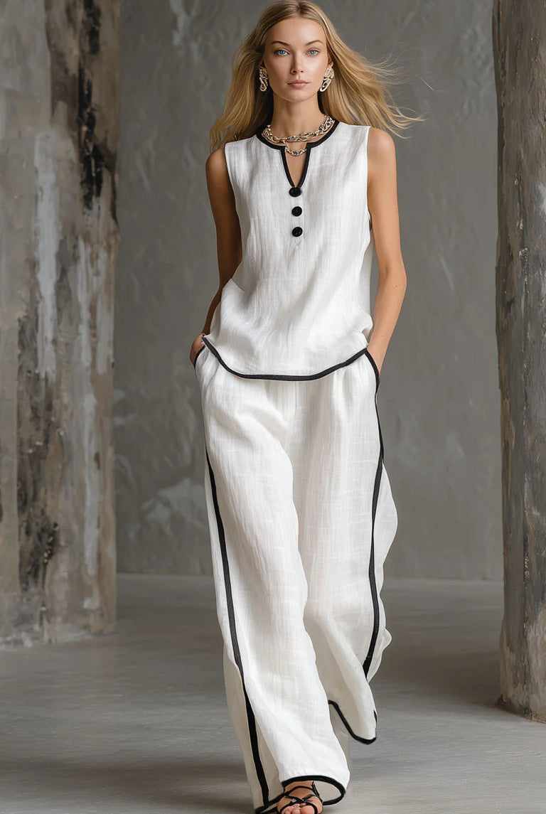 Sleeveless V-Neck Black Trim Contrast Color Simple Womens Top And Wide-Leg Pants Set