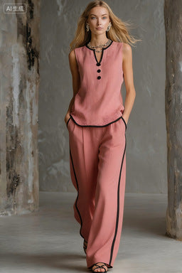 Sleeveless V-Neck Black Trim Contrast Color Simple Womens Top And Wide-Leg Pants Set