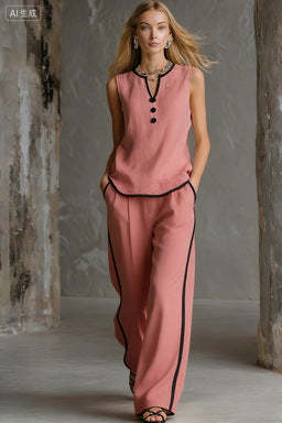 Sleeveless V-Neck Black Trim Contrast Color Simple Womens Top And Wide-Leg Pants Set
