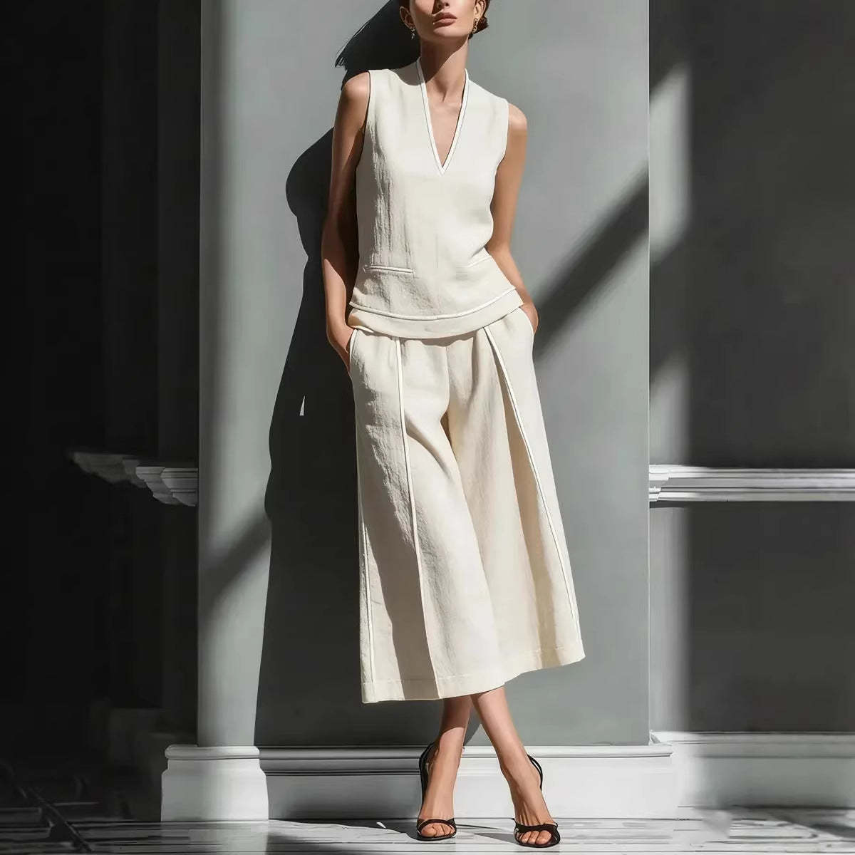 Women's Sleeveless Linen Shirt & Cropped Pants Set – Casual 2-Piece Outfit