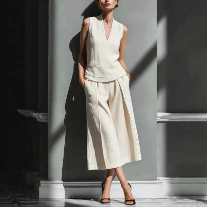 Women's Sleeveless Linen Shirt & Cropped Pants Set – Casual 2-Piece Outfit